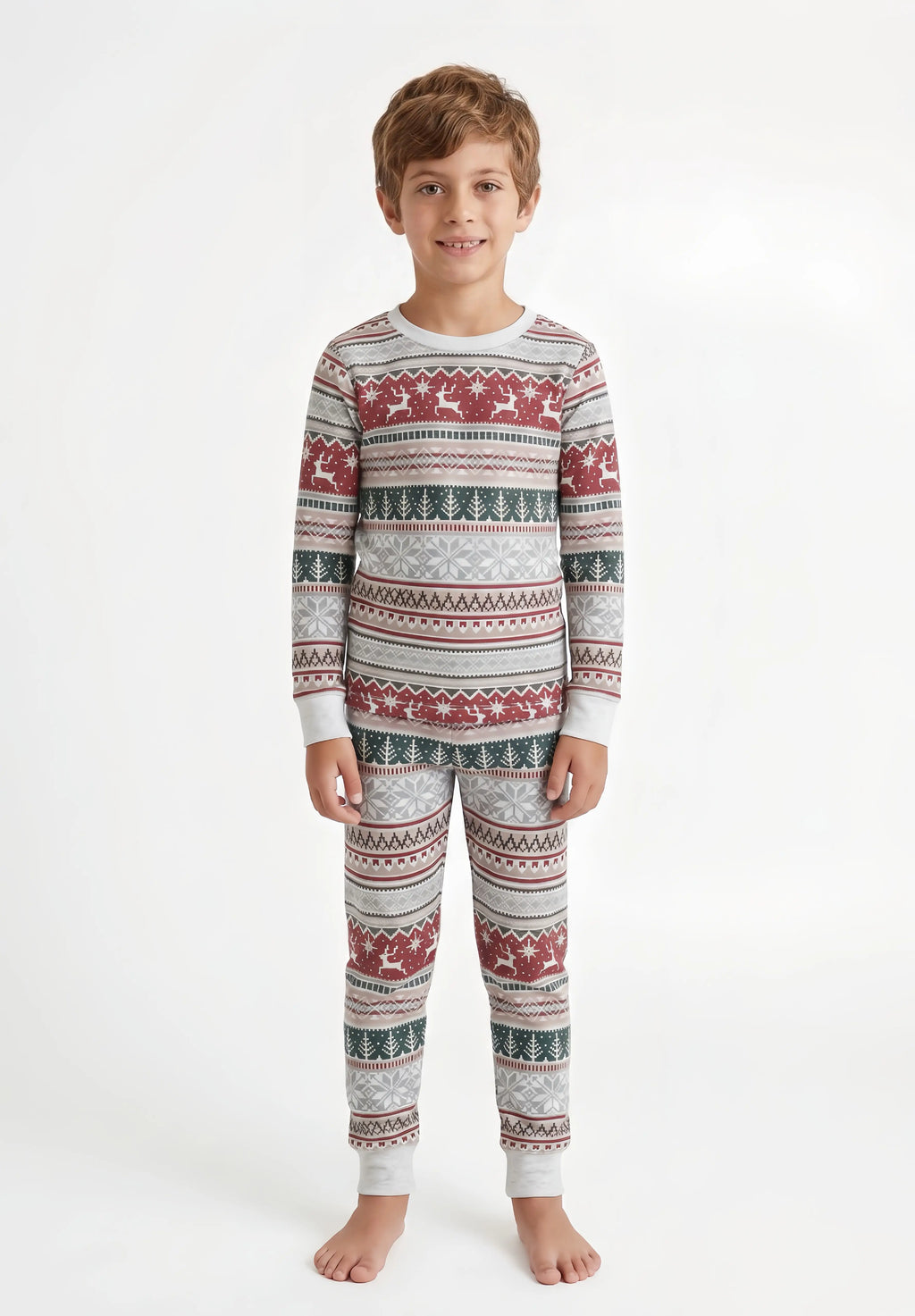 Family wearing matching Fair Isle reindeer print Christmas pajamas with white cuffs - view 11