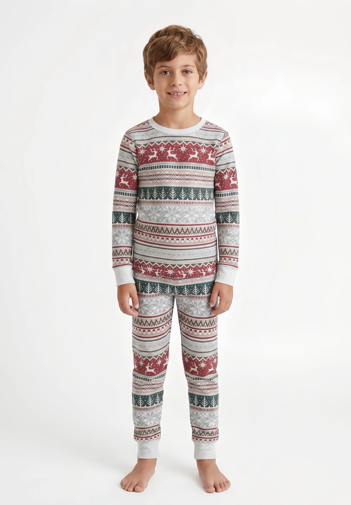 Family wearing matching Fair Isle reindeer print Christmas pajamas with white cuffs - view 11