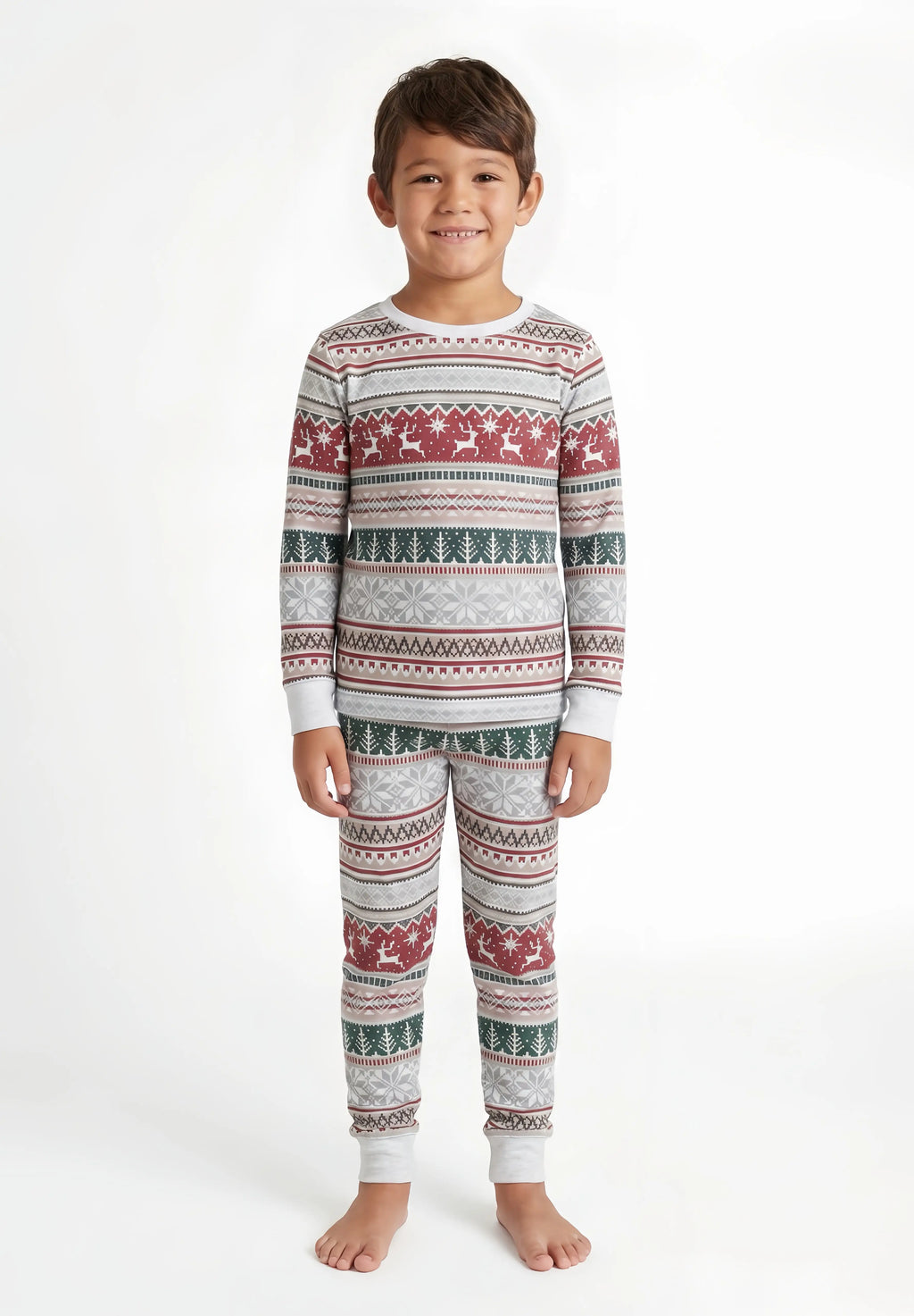 Family wearing matching Fair Isle reindeer print Christmas pajamas with white cuffs - view 12