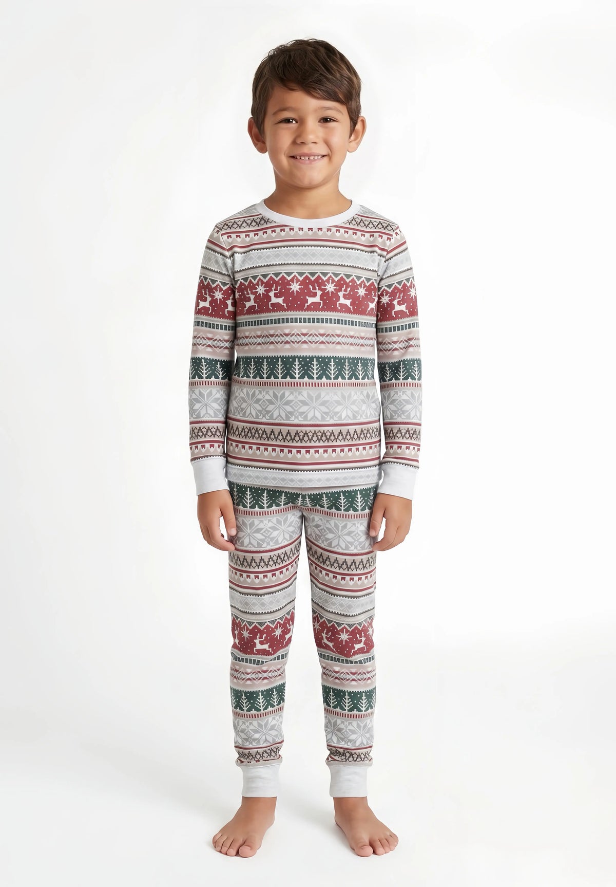Family wearing matching Fair Isle reindeer print Christmas pajamas with white cuffs - view 12