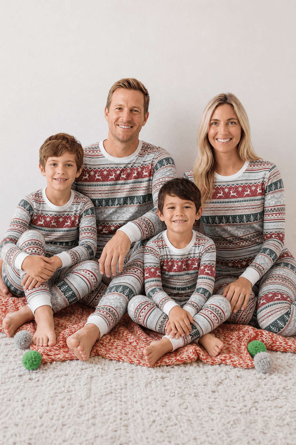Family wearing matching Fair Isle reindeer print Christmas pajamas with white cuffs - view 6