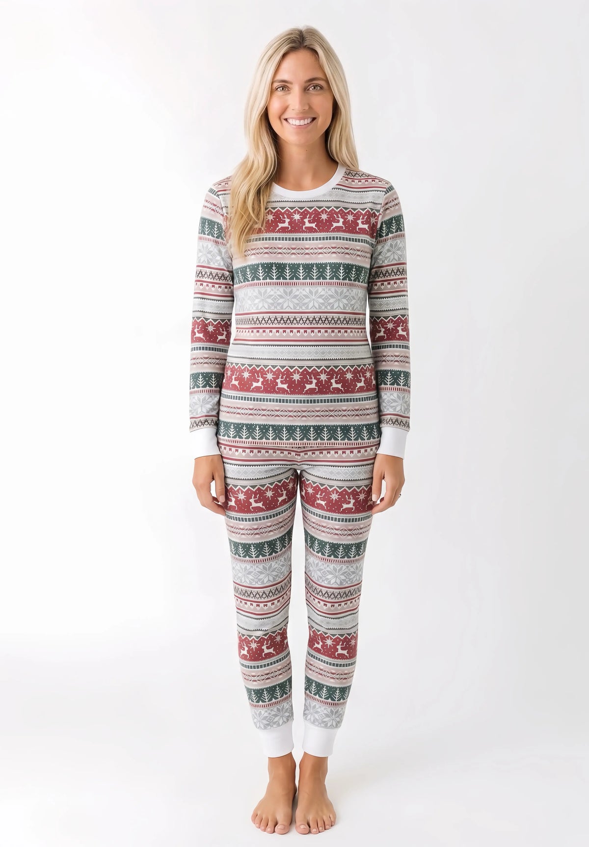 Family wearing matching Fair Isle reindeer print Christmas pajamas with white cuffs - view 9