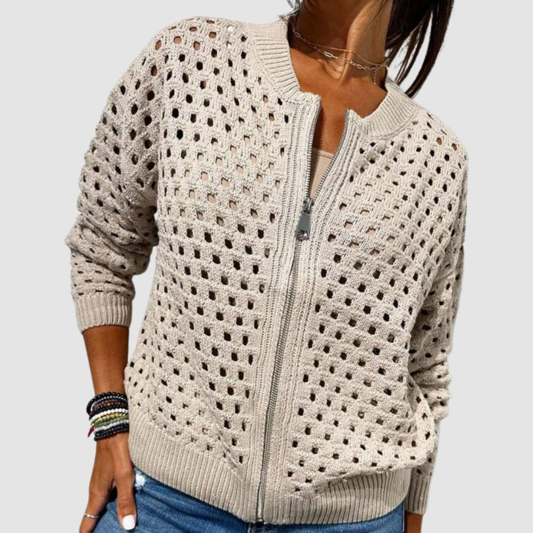 Odette Open Knit Zip-Up Cardigan - front view
