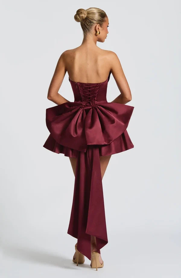 Satin strapless cocktail mini dress with statement back bow and streamer - view 10