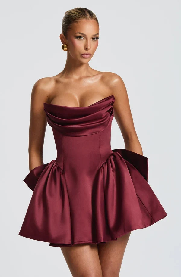 Satin strapless cocktail mini dress with statement back bow and streamer - view 13