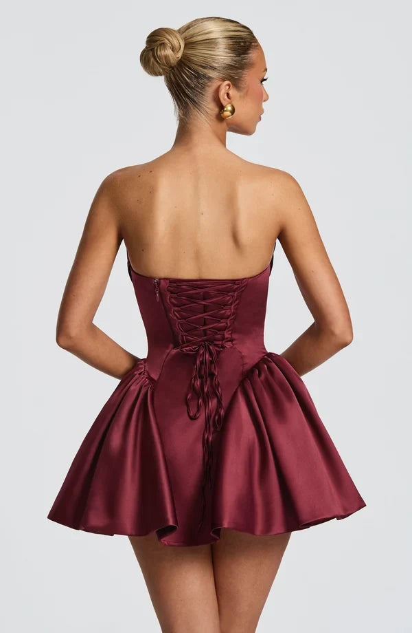 Satin strapless cocktail mini dress with statement back bow and streamer - view 14