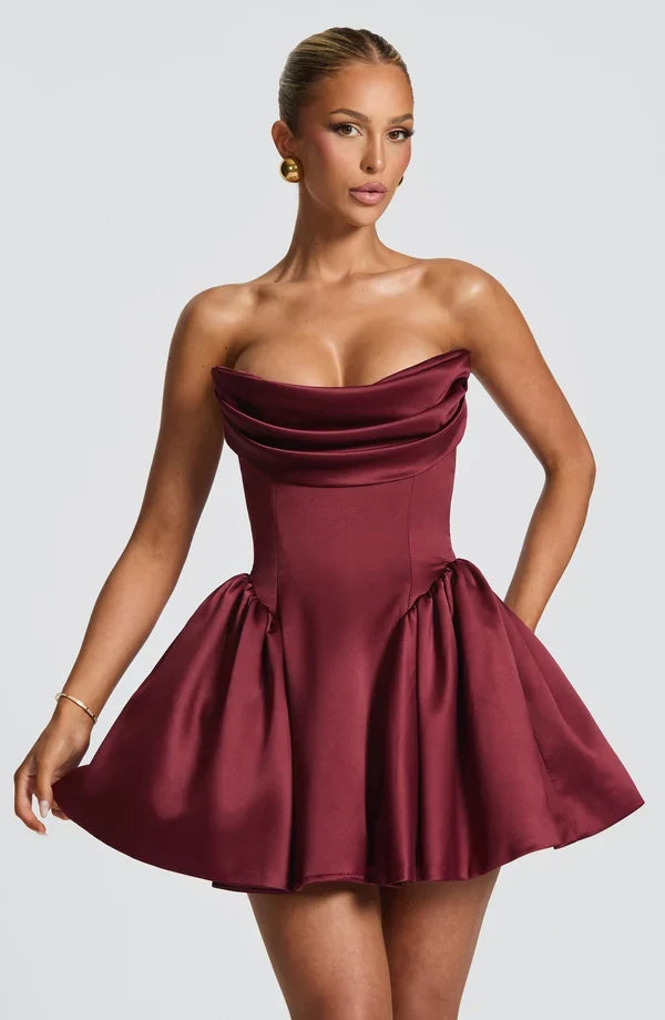 Satin strapless cocktail mini dress with statement back bow and streamer - view 16