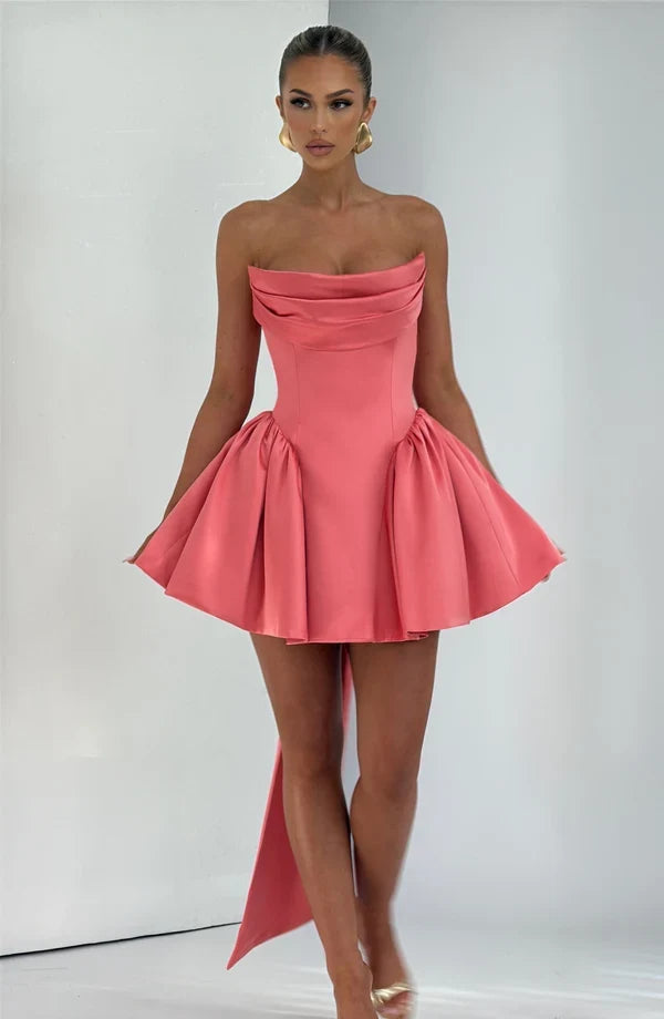 Satin strapless cocktail mini dress with statement back bow and streamer - view 17