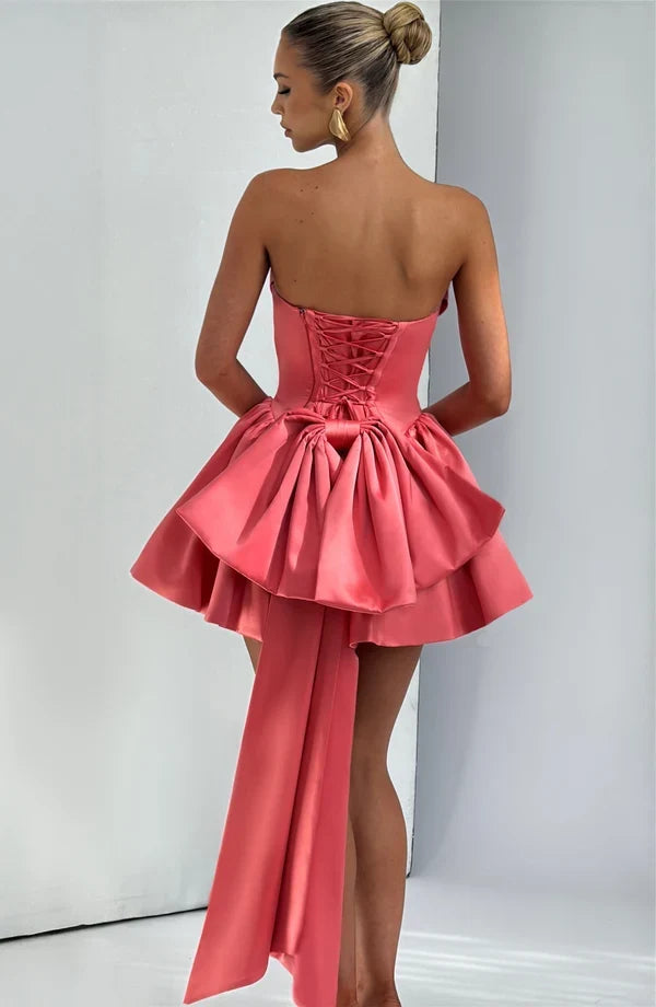 Satin strapless cocktail mini dress with statement back bow and streamer - view 18