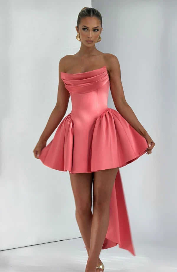 Satin strapless cocktail mini dress with statement back bow and streamer - view 19