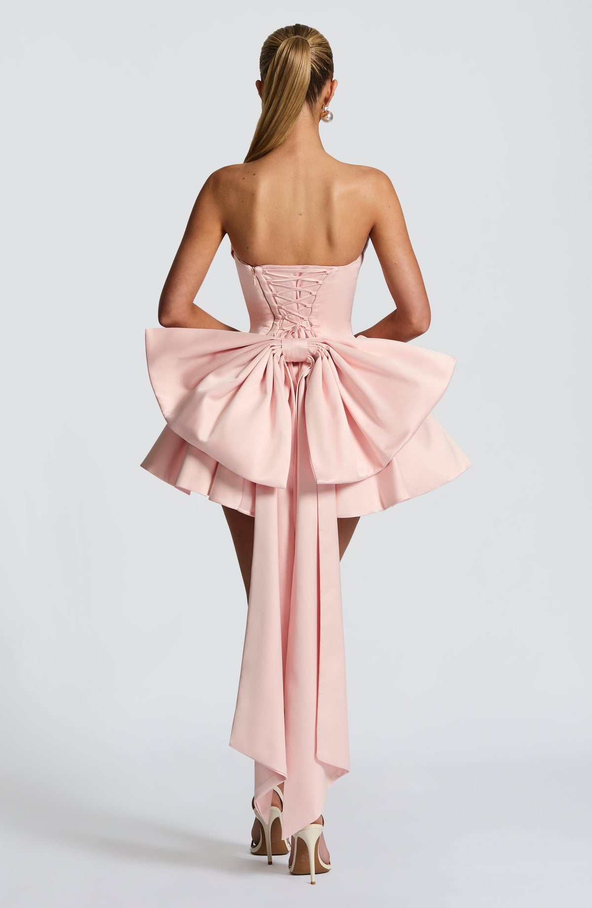 Satin strapless cocktail mini dress with statement back bow and streamer - view 2