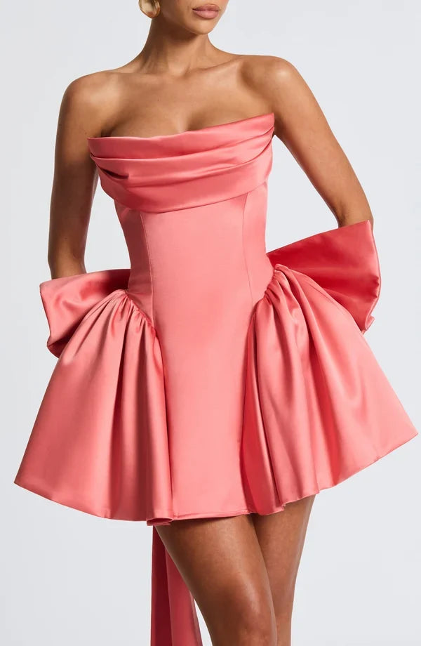 Satin strapless cocktail mini dress with statement back bow and streamer - view 21