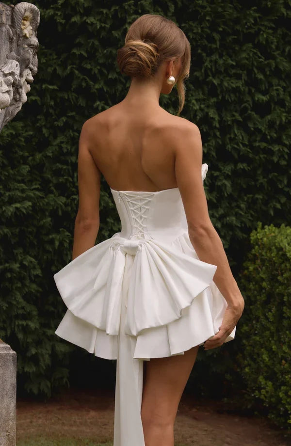 Satin strapless cocktail mini dress with statement back bow and streamer - view 23