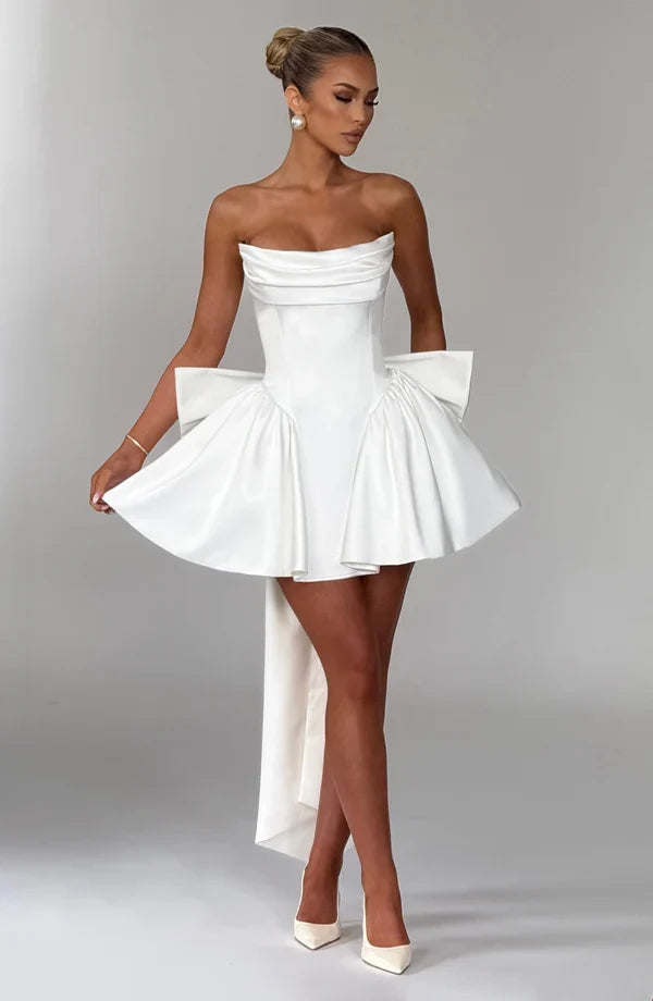 Satin strapless cocktail mini dress with statement back bow and streamer - view 24