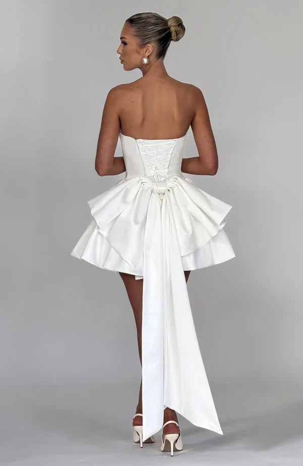 Satin strapless cocktail mini dress with statement back bow and streamer - view 25