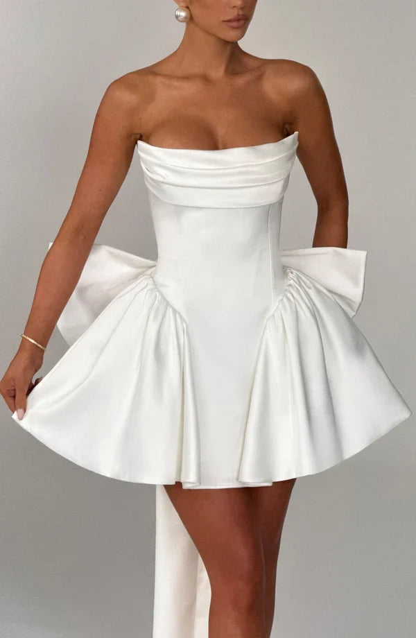 Satin strapless cocktail mini dress with statement back bow and streamer - view 27