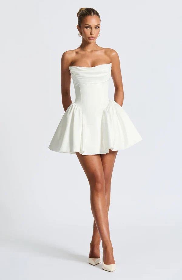 Satin strapless cocktail mini dress with statement back bow and streamer - view 29