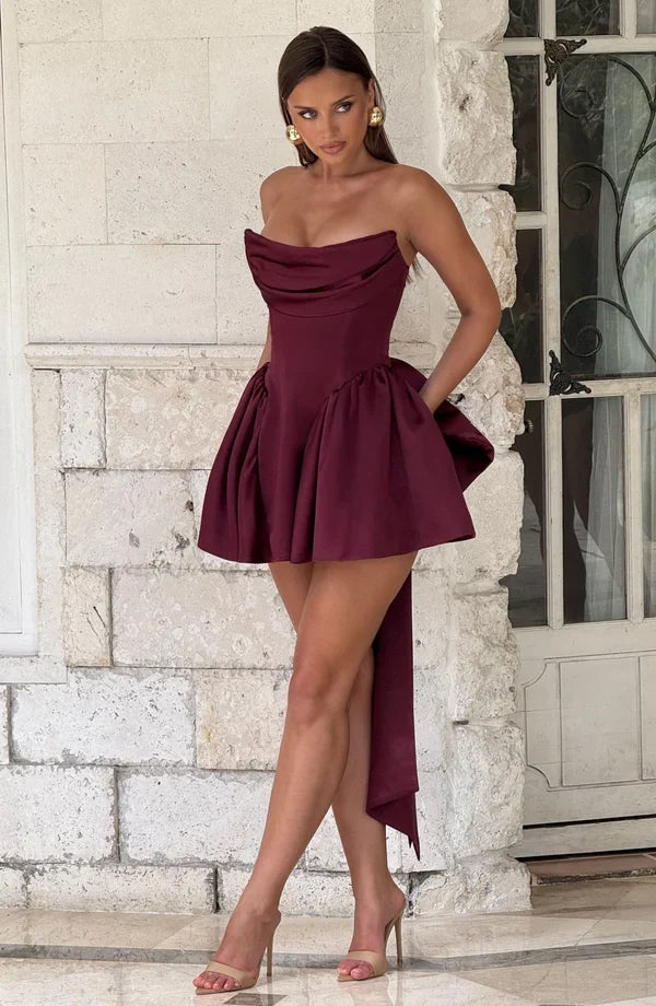 Satin strapless cocktail mini dress with statement back bow and streamer - view 30