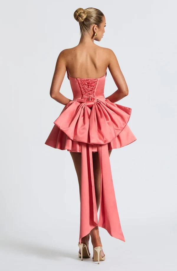 Satin strapless cocktail mini dress with statement back bow and streamer - view 32