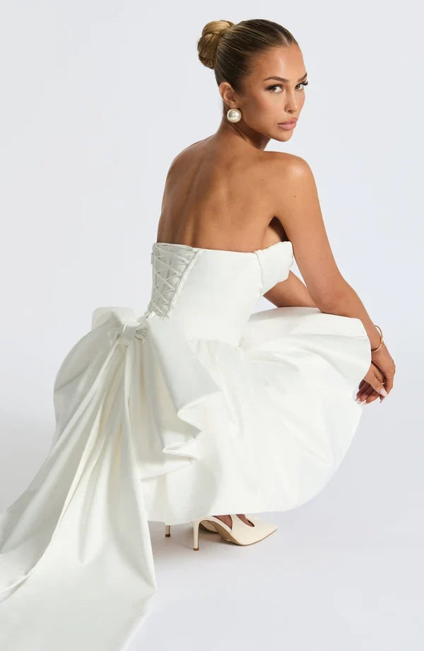Satin strapless cocktail mini dress with statement back bow and streamer - view 33