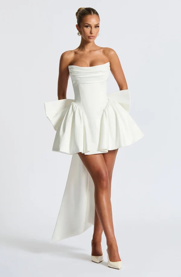 Satin strapless cocktail mini dress with statement back bow and streamer - view 34