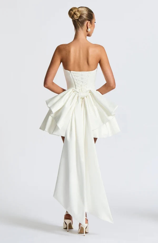 Satin strapless cocktail mini dress with statement back bow and streamer - view 35