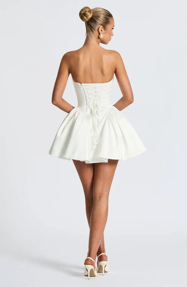 Satin strapless cocktail mini dress with statement back bow and streamer - view 36