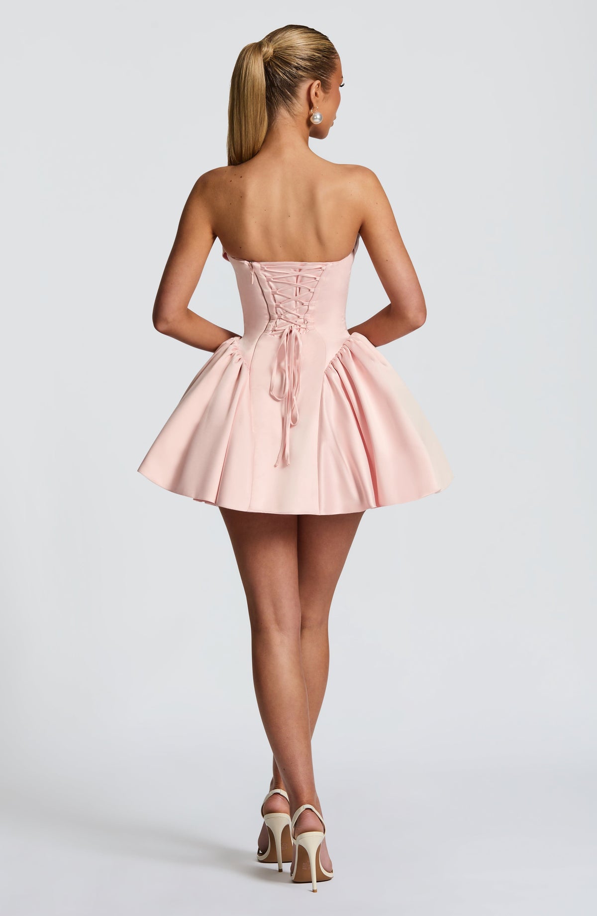 Satin strapless cocktail mini dress with statement back bow and streamer - view 5