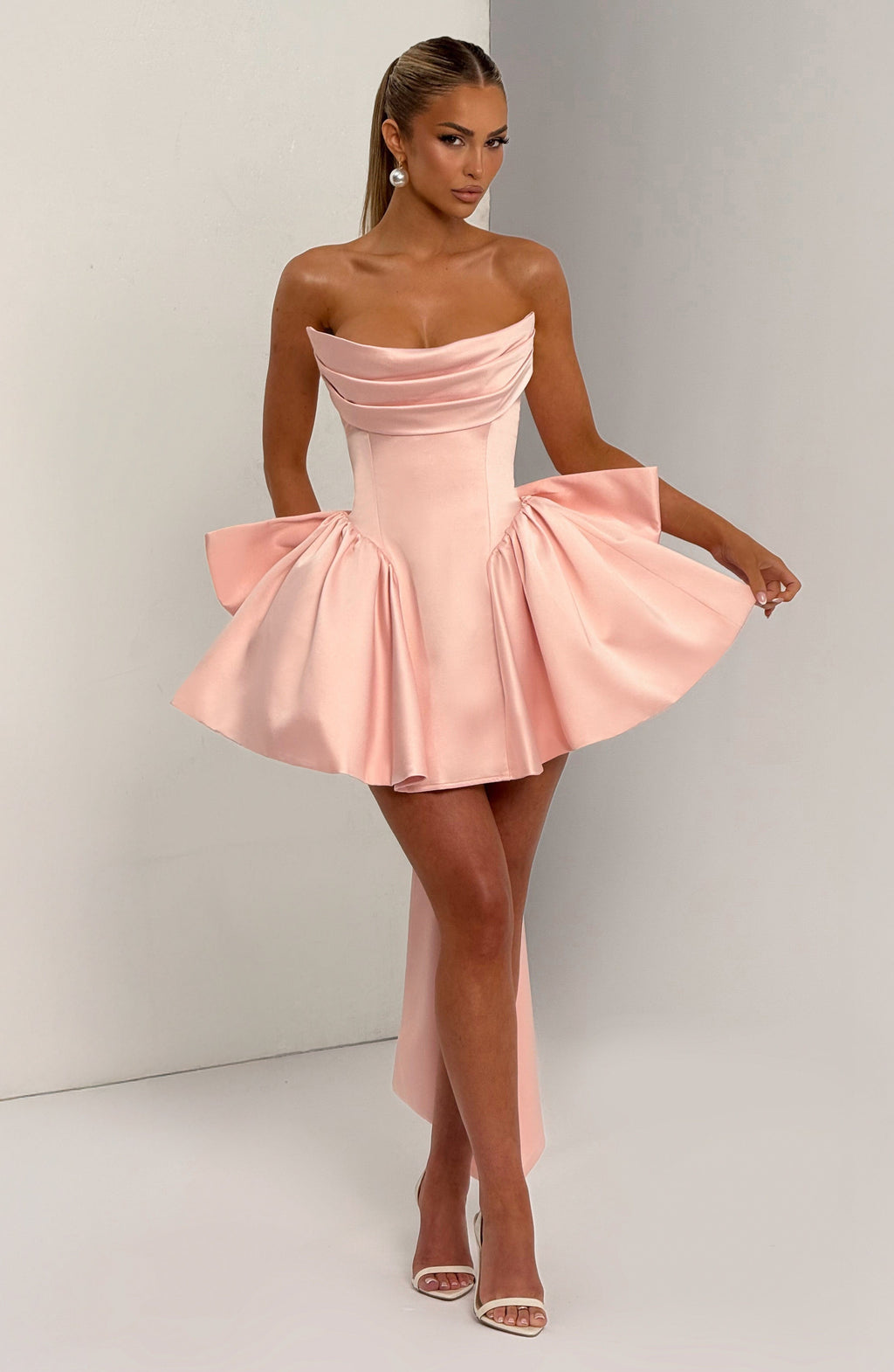 Satin strapless cocktail mini dress with statement back bow and streamer - view 6