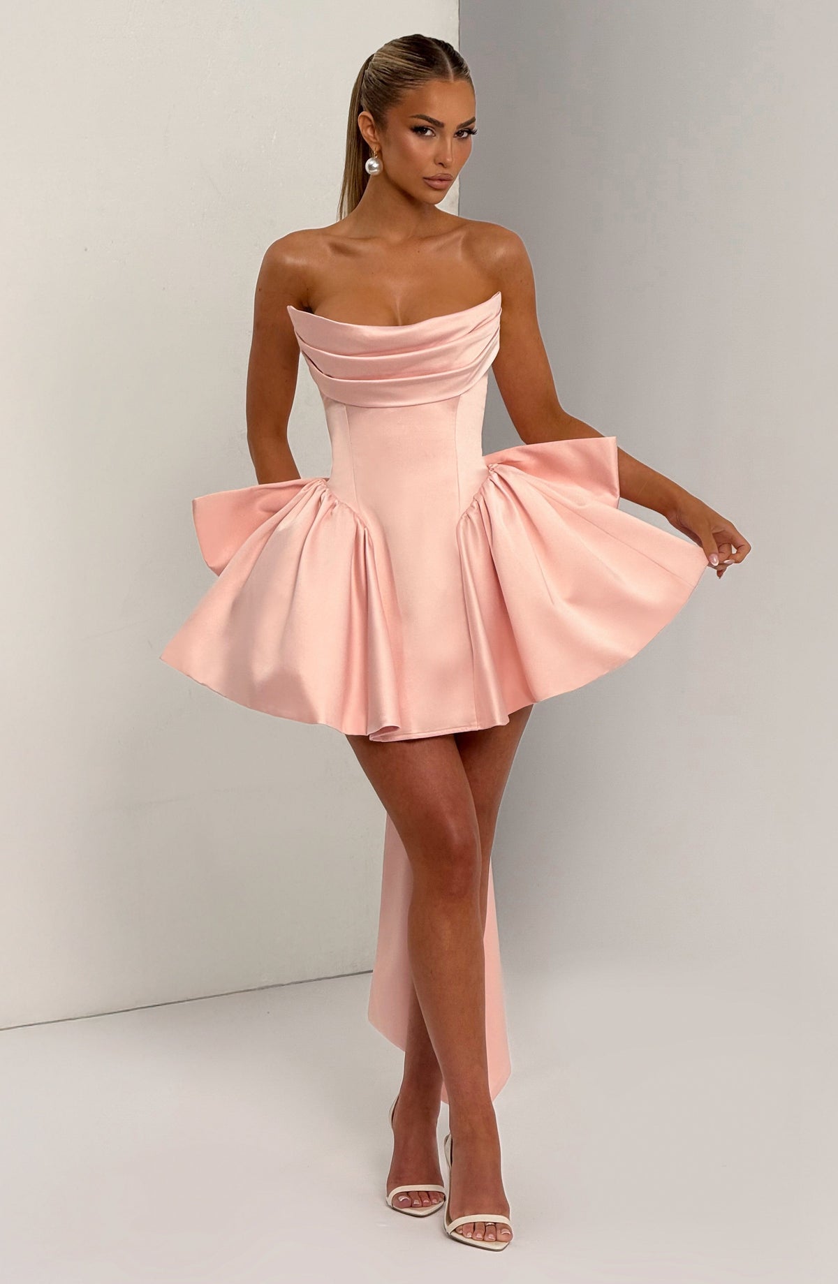 Satin strapless cocktail mini dress with statement back bow and streamer - view 6
