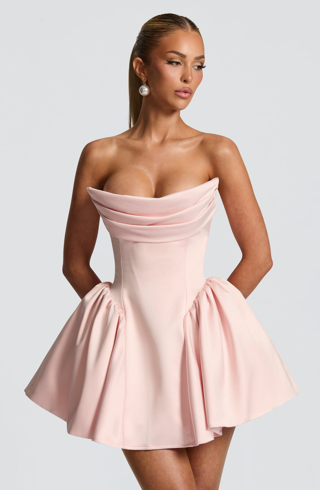 Satin strapless cocktail mini dress with statement back bow and streamer - view 7