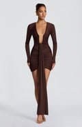 Ruched brown long sleeve bodycon mini dress with deep plunge and ankle-length drape