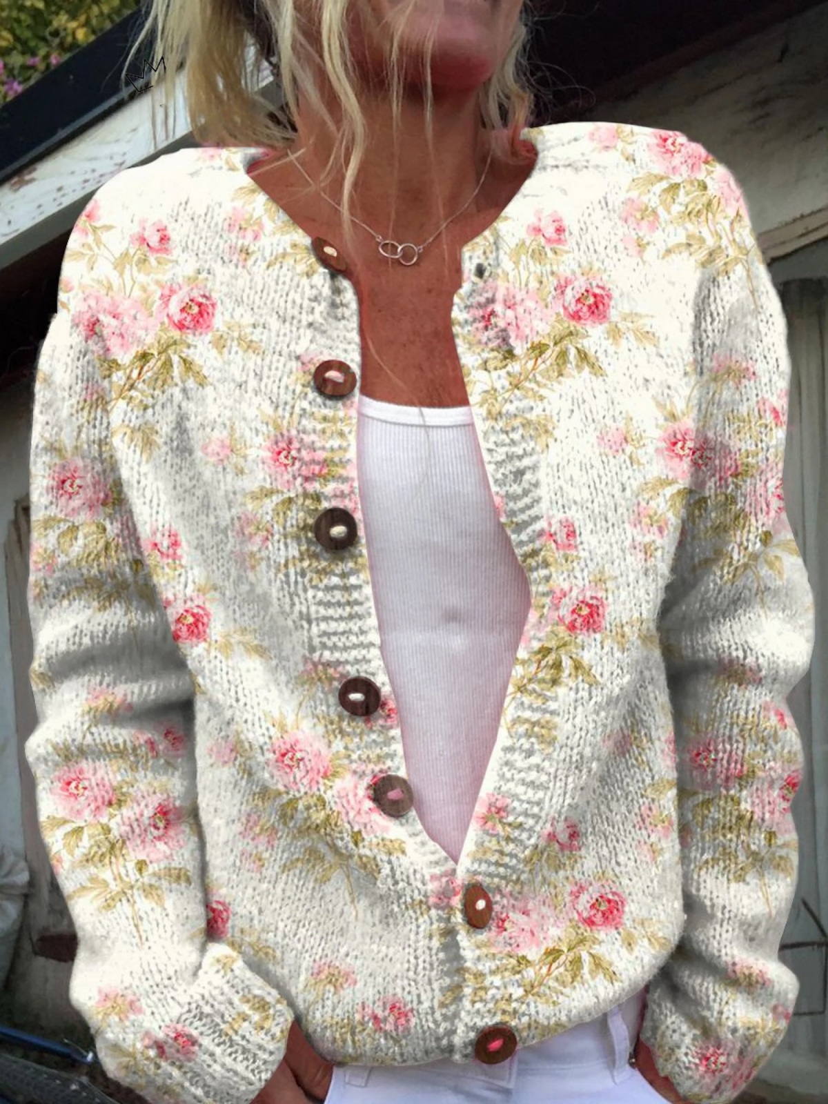 Poppy Floral Knit Button-Up Cardigan - front view