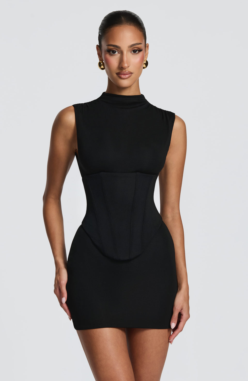 Quinn black sleeveless corset mini dress with lace-up back