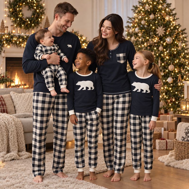 Matching holiday pajamas with checked plaid pants and dark long-sleeve tops