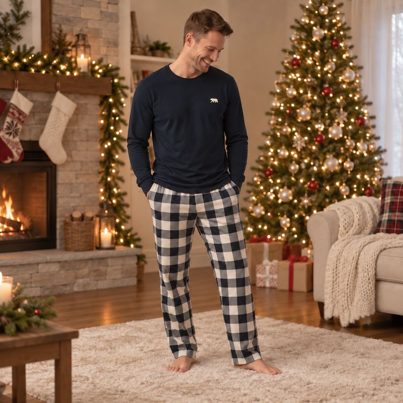 Matching holiday pajamas with checked plaid pants and dark long-sleeve tops - view 2
