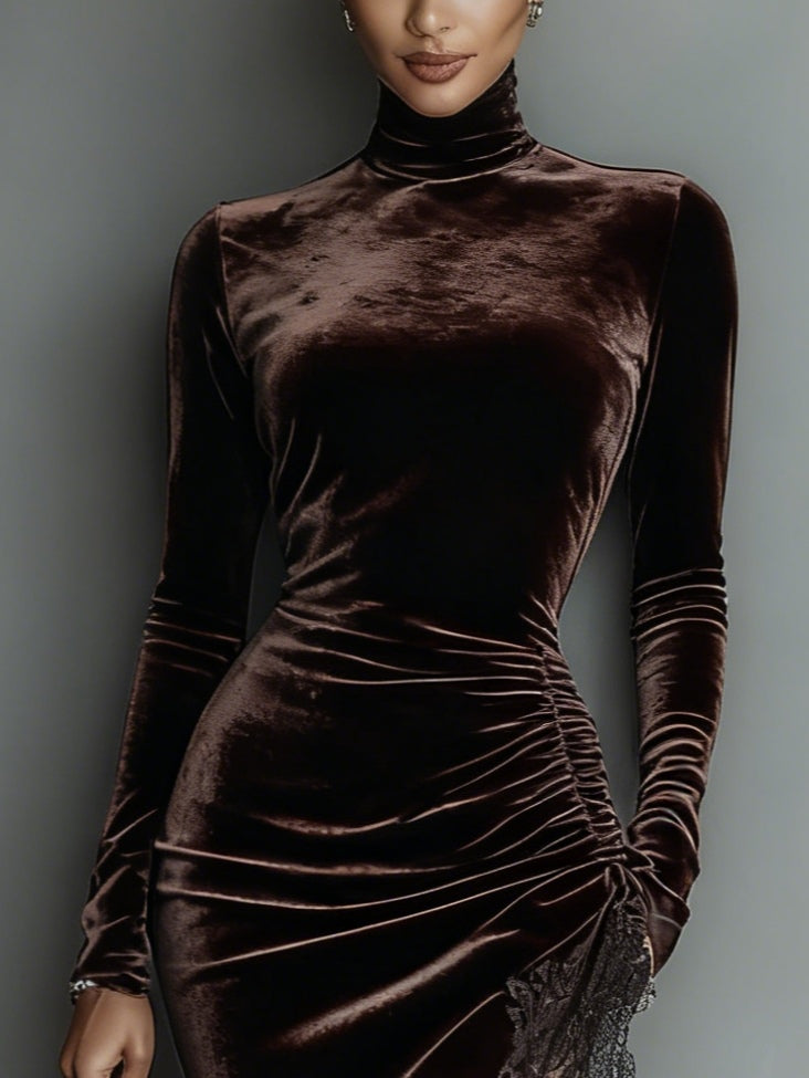 Brown velvet long sleeve turtleneck maxi dress with side ruching and lace-trimmed slit - view 2