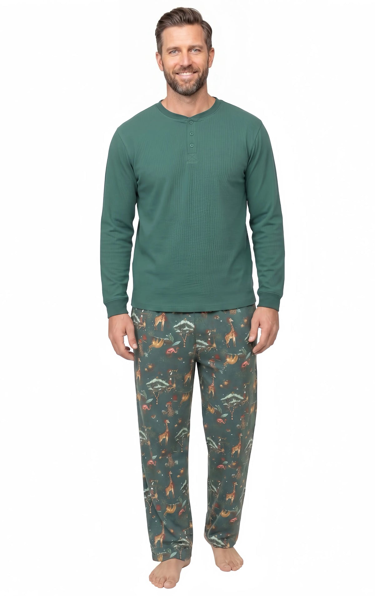 Family wearing matching green jungle animal print Christmas pajamas - view 10