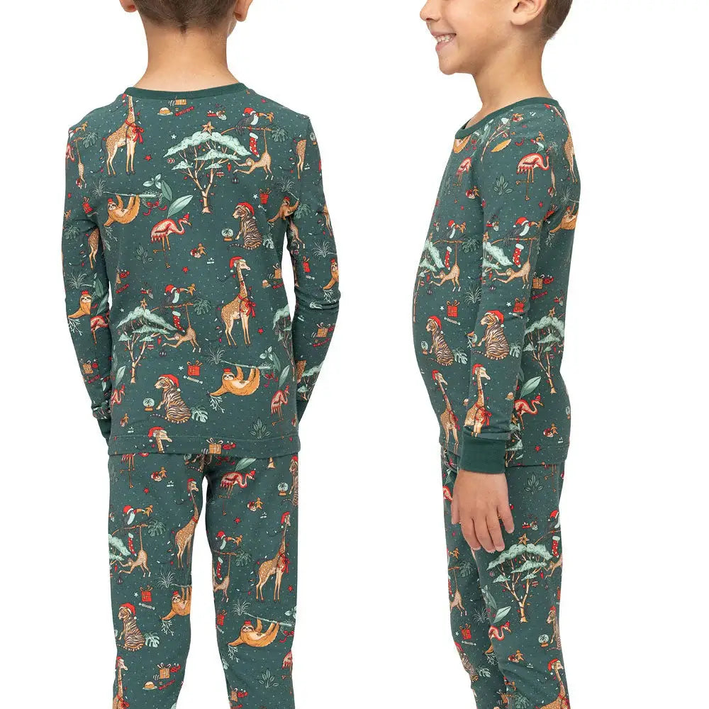 Family wearing matching green jungle animal print Christmas pajamas - view 13