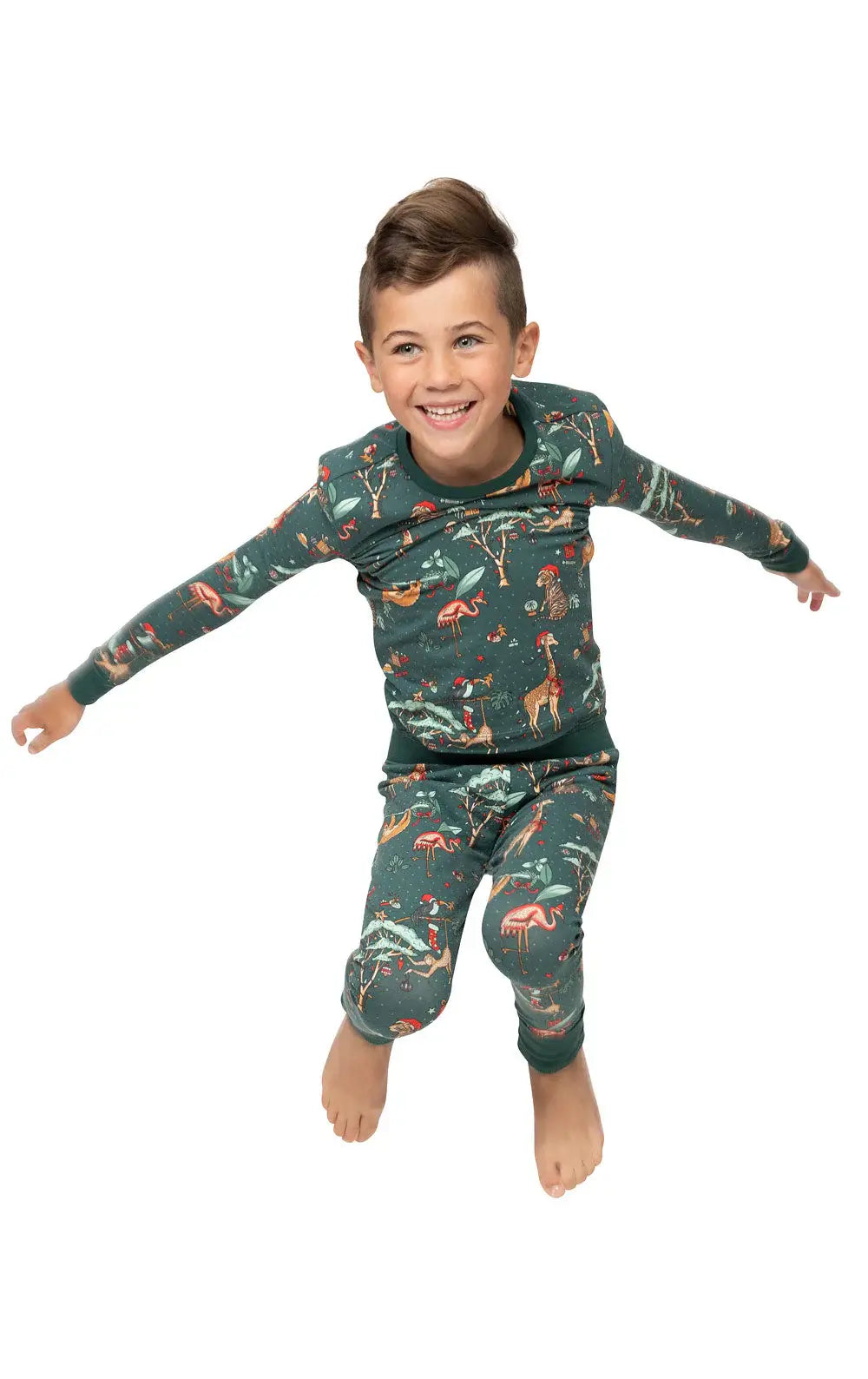 Family wearing matching green jungle animal print Christmas pajamas - view 14