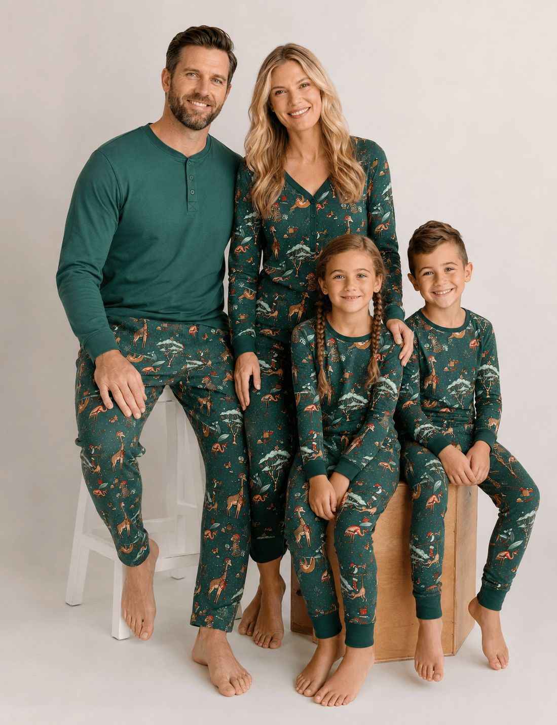 Family wearing matching green jungle animal print Christmas pajamas - view 2