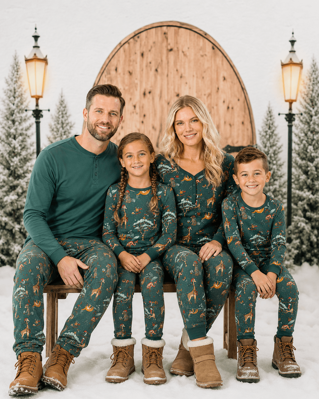 Family wearing matching green jungle animal print Christmas pajamas - view 3