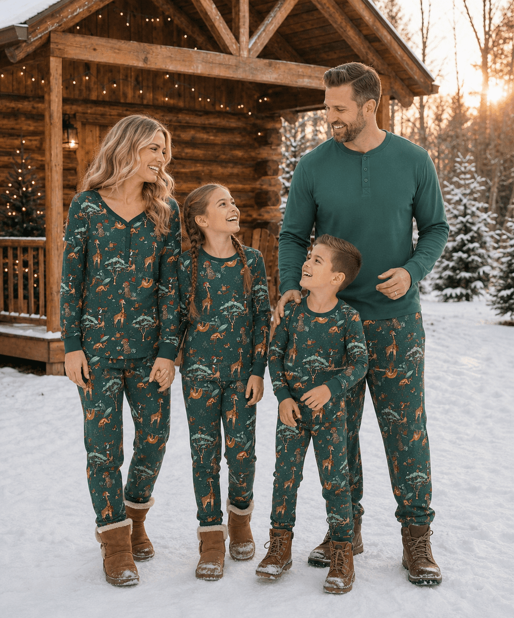 Family wearing matching green jungle animal print Christmas pajamas - view 6