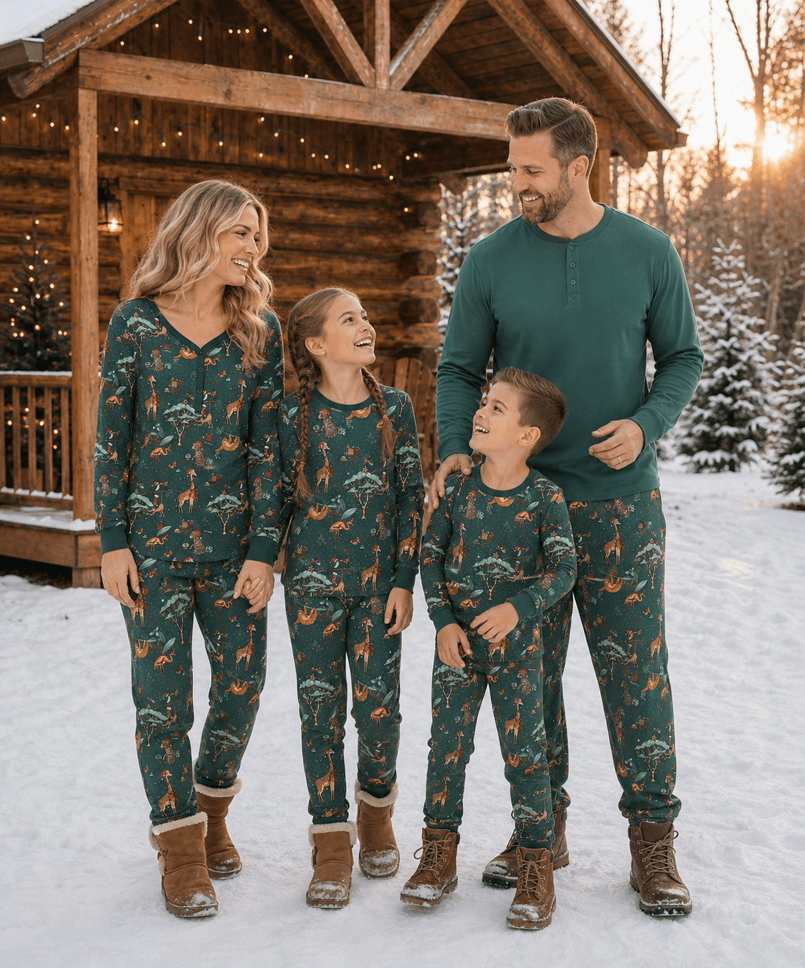 Family wearing matching green jungle animal print Christmas pajamas - view 6
