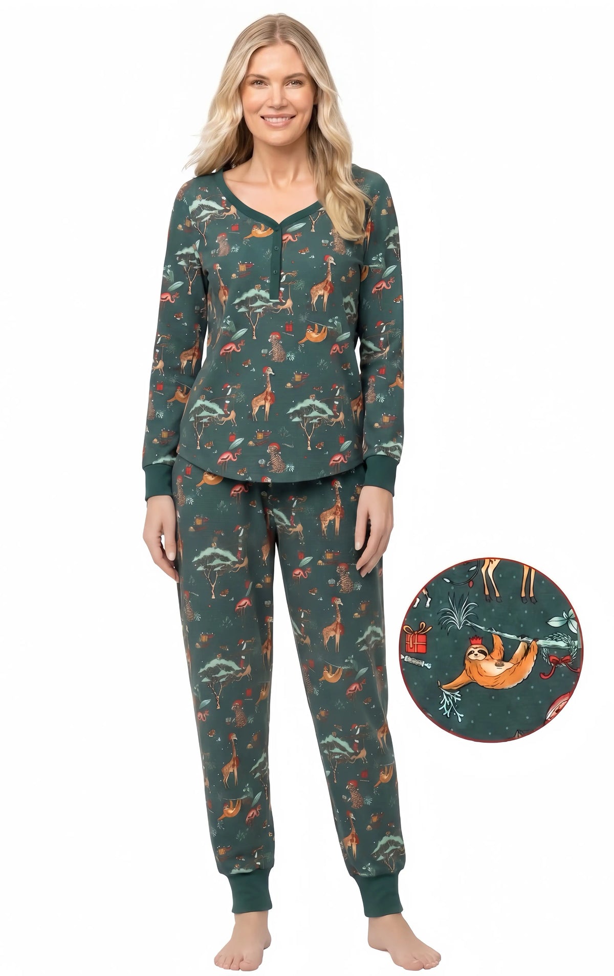 Family wearing matching green jungle animal print Christmas pajamas - view 9