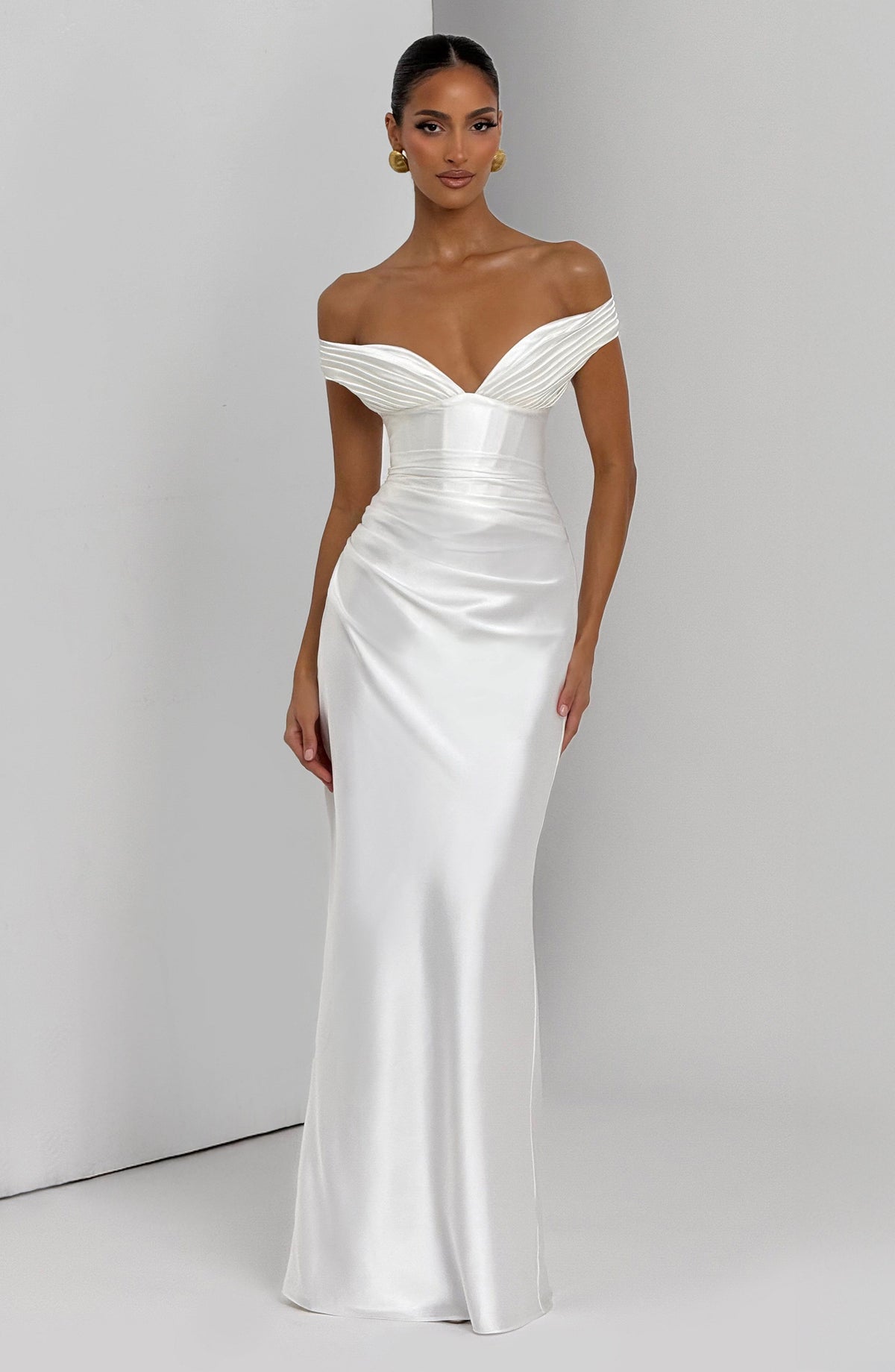Fitted satin maxi dress with pleated bardot neckline and lace-up corset back