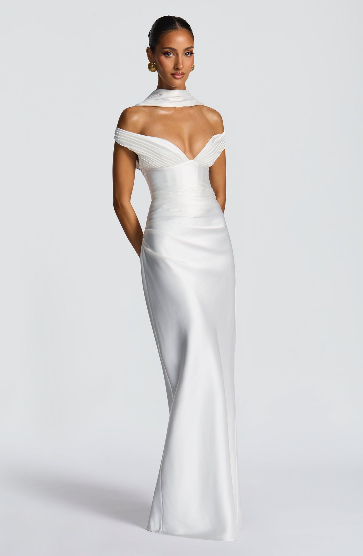 Fitted satin maxi dress with pleated bardot neckline and lace-up corset back - view 10