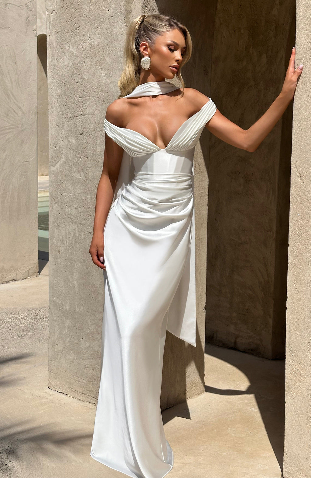 Fitted satin maxi dress with pleated bardot neckline and lace-up corset back - view 11