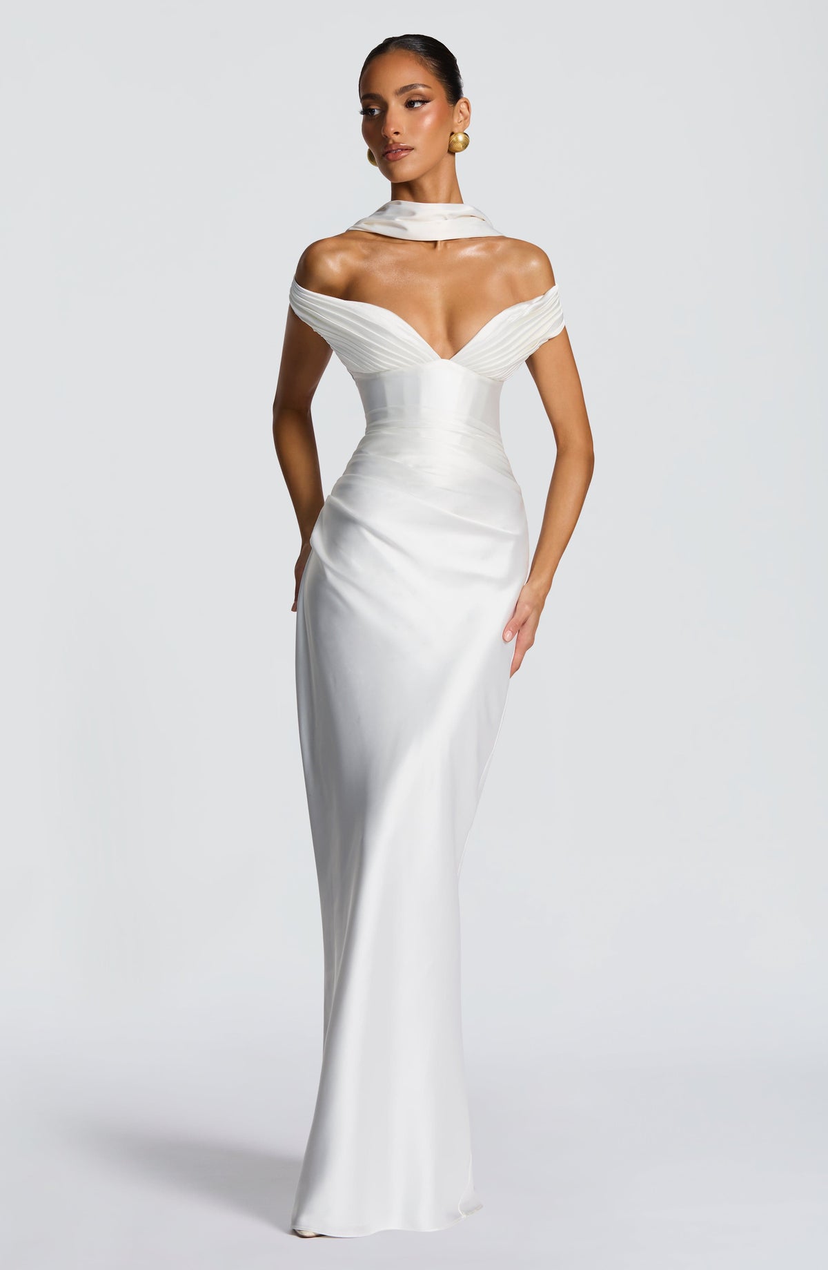 Fitted satin maxi dress with pleated bardot neckline and lace-up corset back - view 12