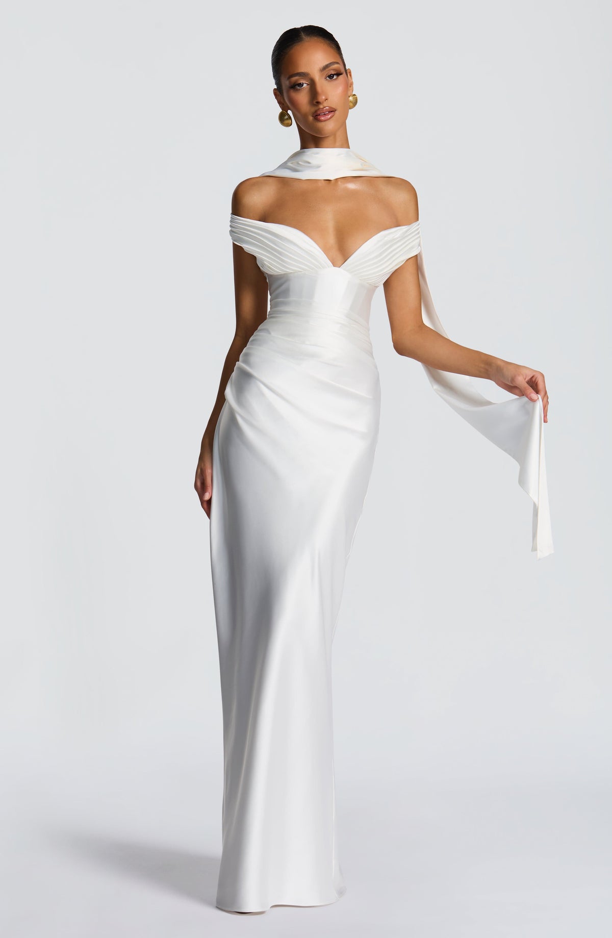 Fitted satin maxi dress with pleated bardot neckline and lace-up corset back - view 13
